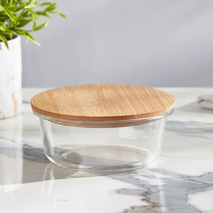Round Glass Storage Bowl with Wooden Lid