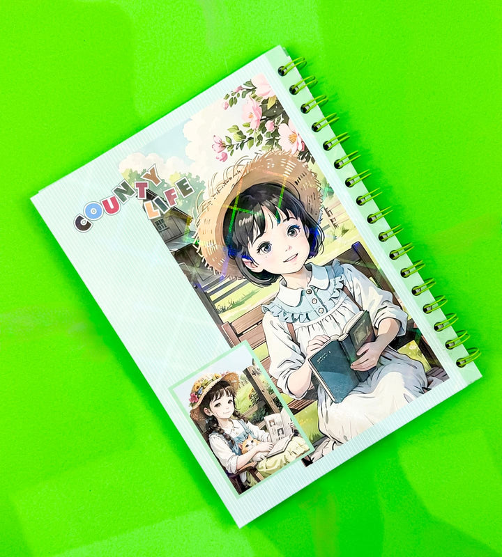 Notebook with illustrations of a girl in a country setting on a green background